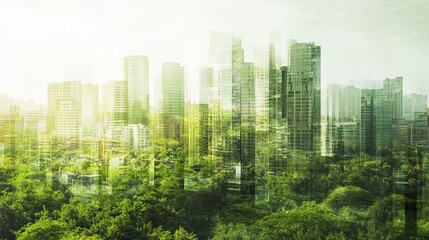 double exposure of an industrial cityscape overlaid with green spaces like parks and trees, symbolizing urban ecology