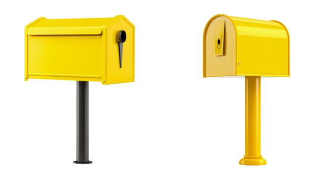 Two vibrant yellow mailboxes side by side, each with its own design and character. The mailboxes are positioned in front, suggesting readiness for receiving letters and packages.