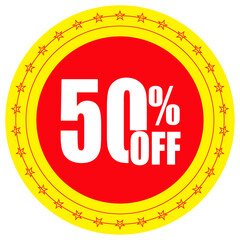 50 pc off yellow red abstract design. Half price, like 50% off sticker. Yellow and red iconic badges for price labels and business promotion deals.