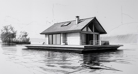 Fototapeta premium Floating house on lake building design in sketch hand drawing black and white on plain white background