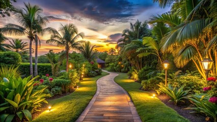 Fototapeta premium serene tropical garden at dusk with a peaceful pathway leading into the gloaming, calmness, evening, calmness