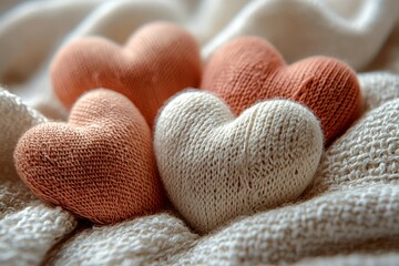 Obraz premium Hyper-realistic 3D close-up of fabric hearts stitched together, with visible thread texture on soft cotton cloth.