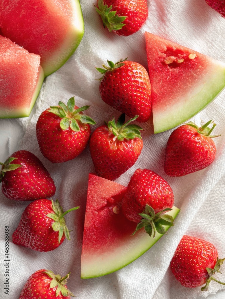Aufkleber Bright Strawberries and Watermelon Slices Create a Fresh Picnic Spread on a White Cloth Under the Sun Generative AI