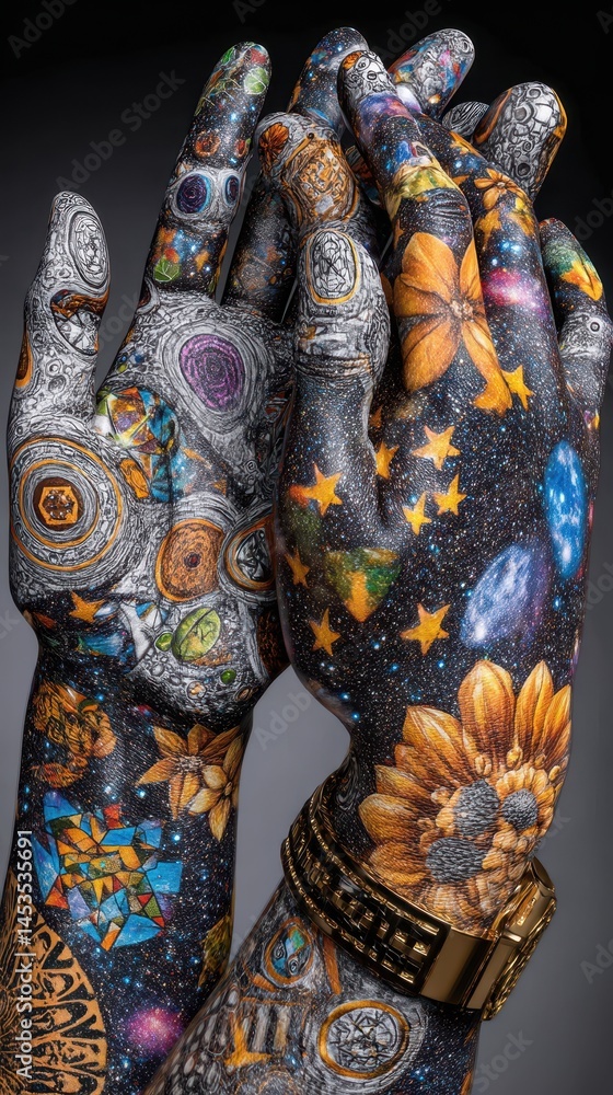 Poster cosmic journey through the multiverse illustrated on hands with colorful space patterns and intricat