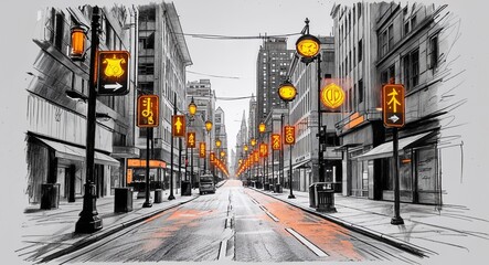Glowing city street signs in a commercial district design in sketch hand drawing black and white on plain white background