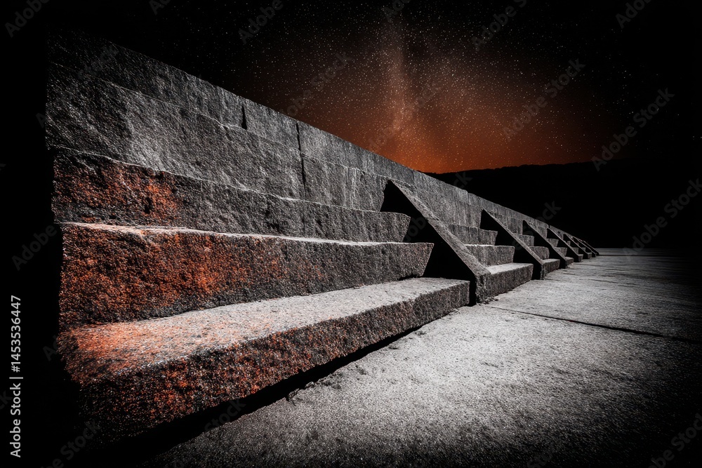 Poster cosmic journey through the multiverse featuring stone steps under a starry sky and philosophical ele
