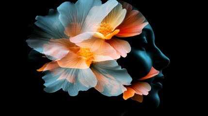 double exposure of flower petals overlaid with the profile of a human face, blending nature and humanity