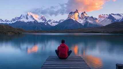 Serene Man Contemplates Majestic Patagonian Sunset Peaks