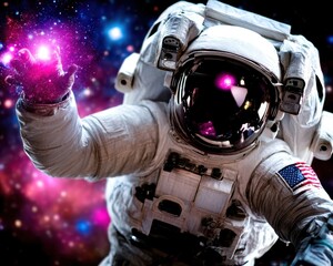 Astronaut Exploring Cosmic Realms and Multiverse Wonders in a Vibrant Universe Full of Colorful Celestial Elements