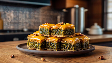 Golden Baklava a close-up shot showcasing an exquisite stack of golden baklava, resting elegantly on a wooden table, beckons with its sweet, flaky layers.
