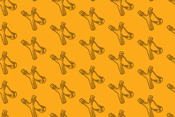 wooden slingshot weapon doodle seamless pattern on yellow background for hunting merchandise. catapult engraving pattern background for adventure. retro slingshot hatching illustration wallpaper
