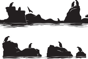 Silhouette Illustration of Penguins on Rocky Outcrops in Water: Black and White Wildlife Art Print, Coastal Bird Scene, Nature Graphic Design © Parvin