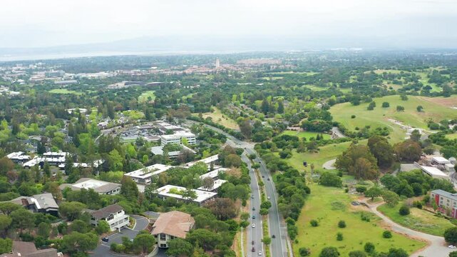Aerial rotating shot of Menlo Park Palo Alto Stanford Bay Area California suburb