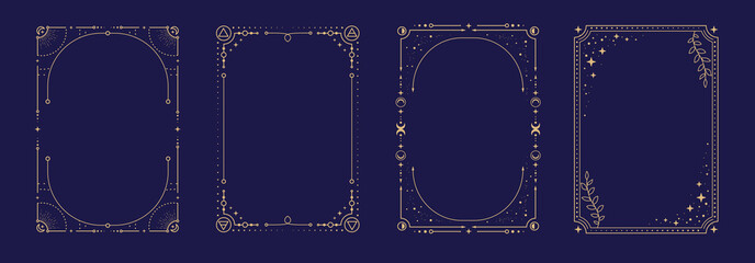 Fototapeta na wymiar Set of modern magic witchcraft astrology frames with Four Elements, stars, sun and moon on blue background. Line art occult vector illustration