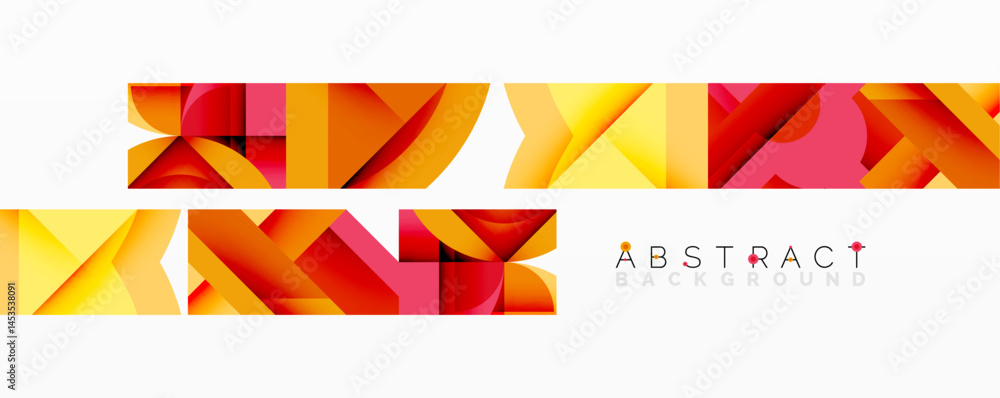 Poster bright geometric shapes overlap, creating vibrant abstract design. warm colors dominate composition,