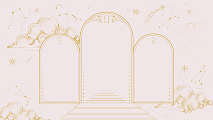 Modern magic witchcraft  astrology arch frame with stars, comets, clouds and constellations on white background. Line art occult vector illustration