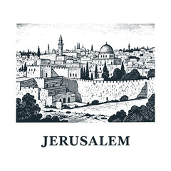 Fototapeta premium Jerusalem Old City Travel engraved black white illustration