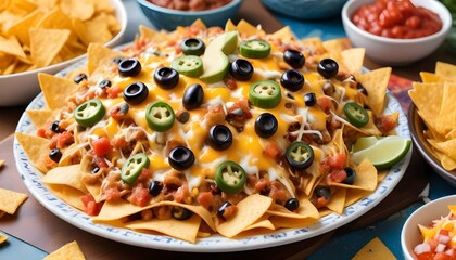 A vibrant plate of loaded nachos with cheese, olives, and jalapeños, a tasty snack.