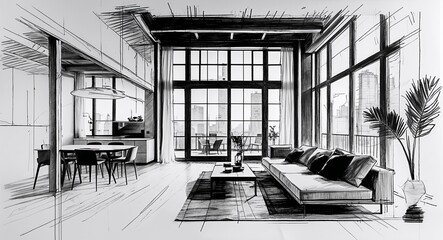 Loft with open space large windows and furniture design in sketch hand drawing black and white on plain white background