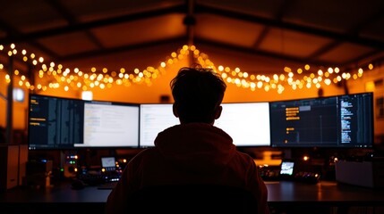 Back view of a person using multiple computer screens, under warm lights at night