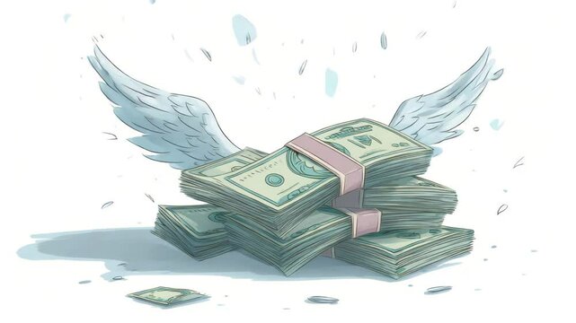 Illustration of a stack of money with large, light blue wings on a white background. The style is cartoonish, with visible lines and a slightly rough texture.