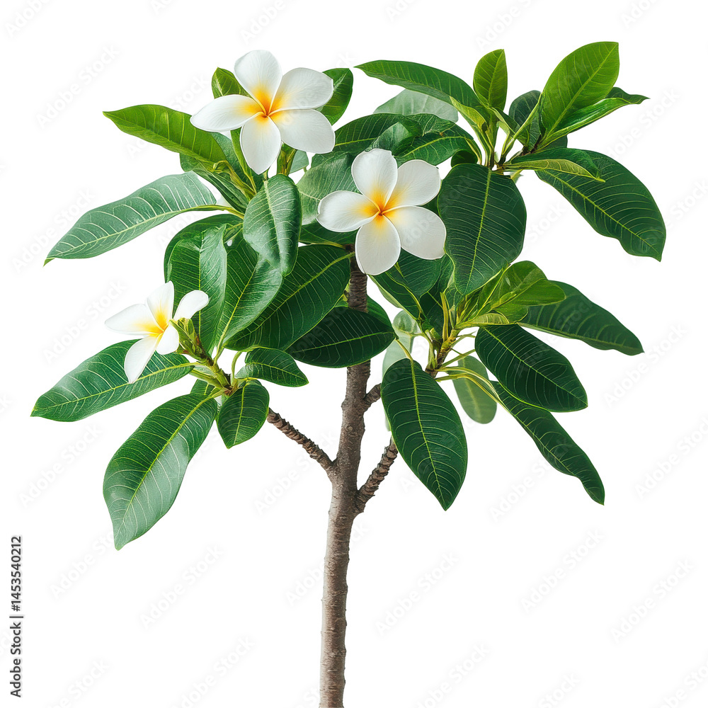 Poster closeup of a frangipani tree with vibrant leaves and delicate flowers set against a simple backgroun