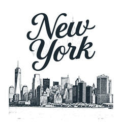 New york skyline engraved black white illustration.