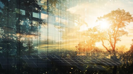 double exposure of solar panels overlaid with a sunlit natural landscape, representing the harmony between technology and the environmen