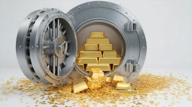 Opened vault with gold bars forming a pyramid inside, gold nuggets scattered on the floor. Neutral background, 3D rendering, metallic grey vault.
