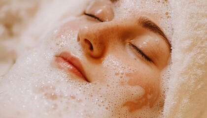 Fototapeta premium Woman's face covered in cleansing foam