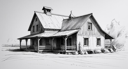 Rustic countryside farmhouse building design in sketch hand drawing black and white on plain white background