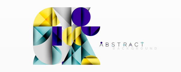 Geometric shapes overlap, creating vibrant modern design. Yellow, purple, teal dominate neutral backdrop. Minimalist aesthetic.