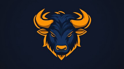 Naklejka premium Stylized bull head mascot in blue and yellow tones on dark background.