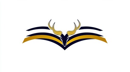 Obraz premium Minimalist bull head logo with sweeping golden and black horn lines on white.