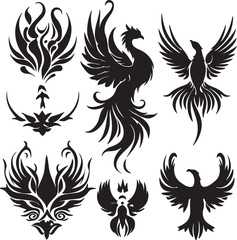 Phoenix Bird Tattoo Designs: Black Silhouette Vector Art Collection - Mythical Firebird Illustrations for Tattoo Inspiration & Graphic Design