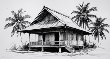 Traditional Filipino bahay kubo house building design in sketch hand drawing black and white on plain white background