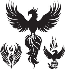 Phoenix Bird Silhouette Vector Art: Rising Firebird Illustration, Mythical Creature Design, Black and White Graphic Symbol