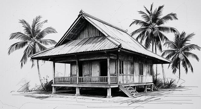 Traditional Filipino bahay kubo house building design in sketch hand drawing black and white on plain white background