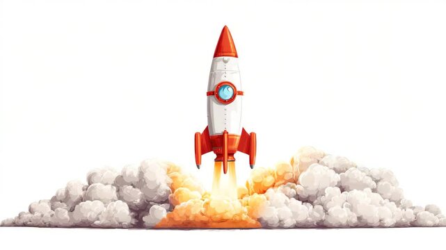 Pixel Art Rocket Launch White and Red Spaceship Ascending with Orange Flames and White Smoke