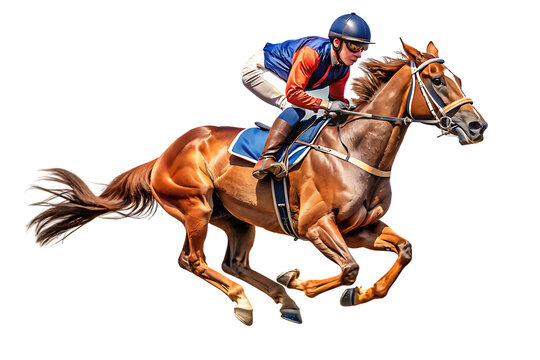 Jockey and horse racing full speed isolated on a white background png