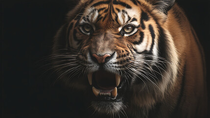Fierce close-up of a roaring tiger showcasing its powerful features against a dark backdrop