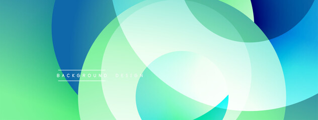 Abstract background features overlapping circles, gradients. Colors range from blue to green, creating dynamic visual effect.