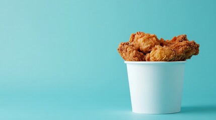 fried chicken in a pure white bucket with French fried in clean blue background