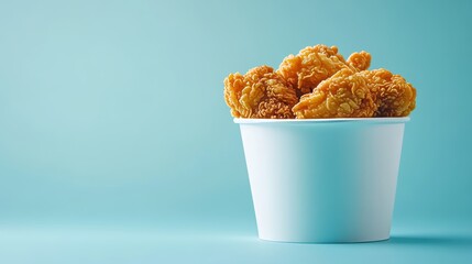 fried chicken in a pure white bucket with French fried in clean blue background
