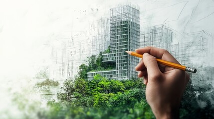 hand holding a pencil over a green sustainable building concept sketch