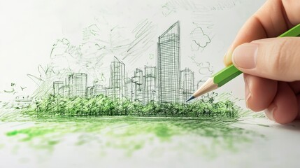 hand holding a pencil over a green sustainable building concept sketch