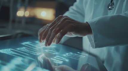 Hand of doctor touching and cut dna for checking with analysis chromosome DNA genetic of human on virtual interface