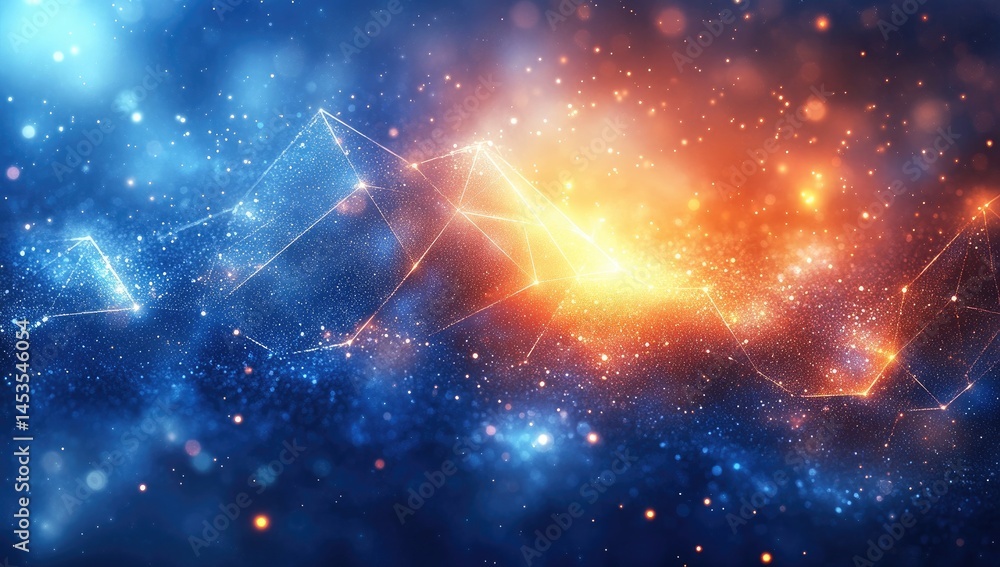 Poster abstract digital design with glowing geometric shapes.