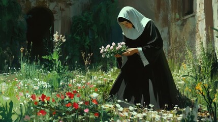 A nun tending to a flower garden at a peaceful convent.