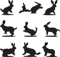 Rabbit Silhouette Vector Art: Black and White Bunny Clipart Illustration Set for Easter, Wildlife, and Graphic Design Projects